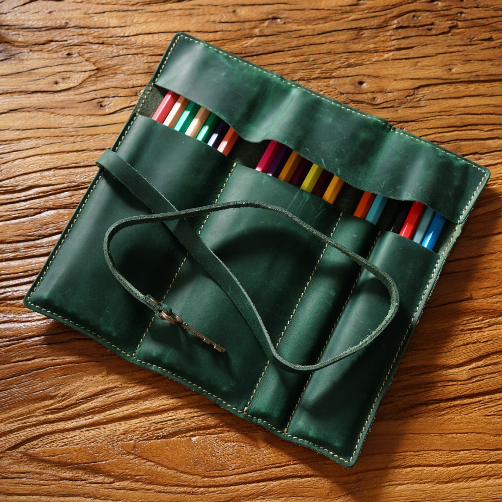 Retro Genuine Leather Handmade - Pen Pouch Roll 评论和价格